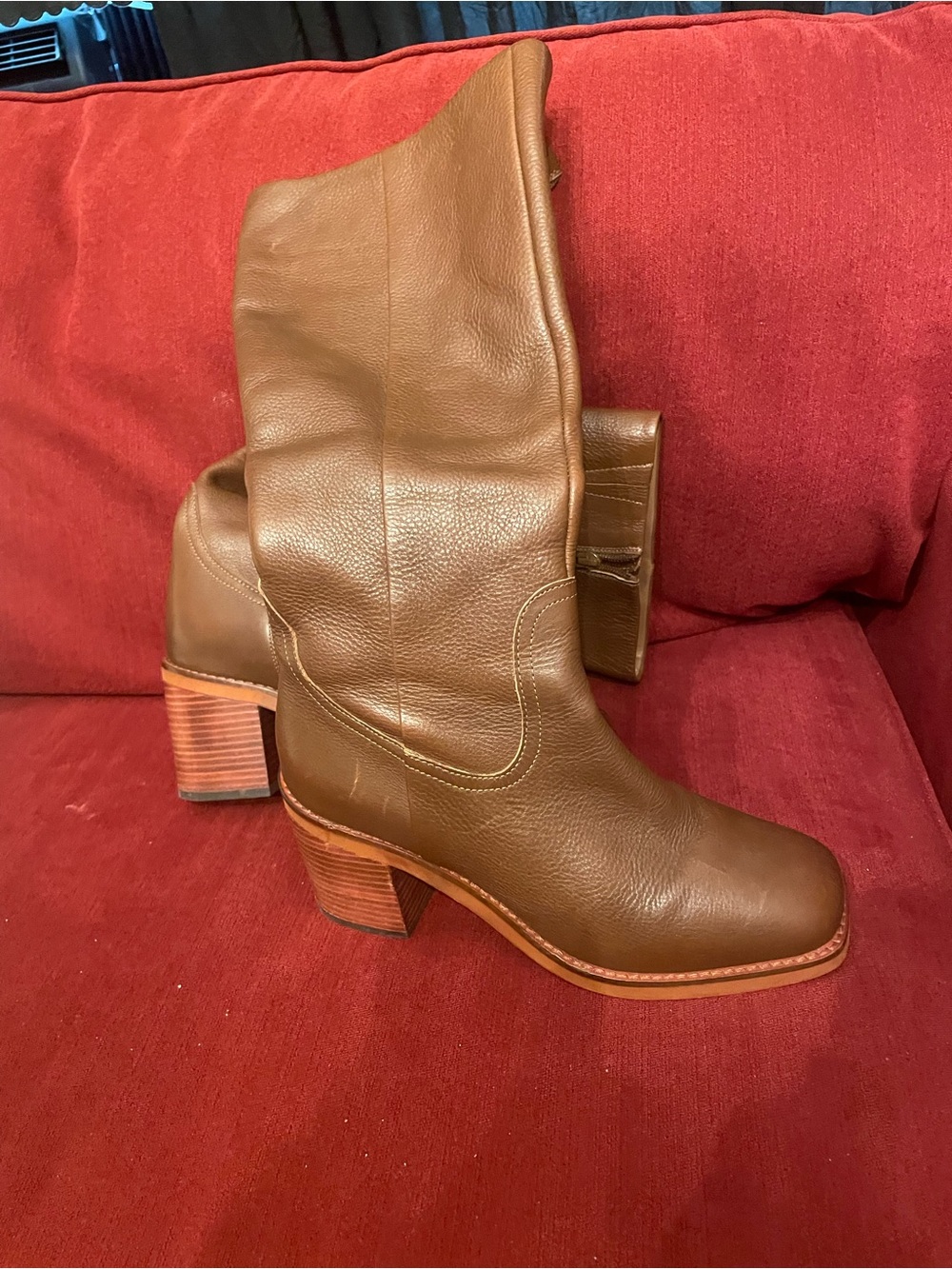 Seychelles Chestnut Leather Mid-Calf Block Heel Boots